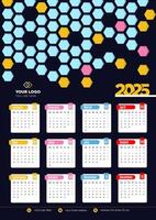 2025 Calendar Design, Wall Calendar Template, A4 Size, with Beautiful Colorful Shapes Background. Weeks Starts on Monday. vector