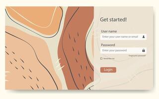 Login screen form and user interface template. Online registration and sign up concept. Landing page vector