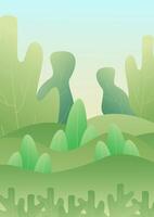 Forest Landscape, green trees park, foliage in summer. Vertical 2d banner with abstract spring leaves vector