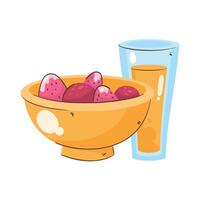 A bowl of strawberries and a glass of juice vector