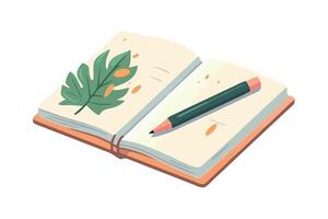An open notebook with a pencil and leaf vector