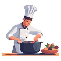 Chef cooking food in a pot on the stove vector