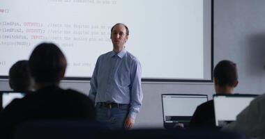 Young Pupils Listening To Professional Teacher Of Computer Science In Programming Classes video