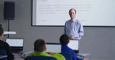 Middle-Aged Male Teacher Teaching Smart Children Of Programming And Computer Science video