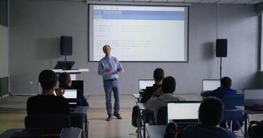 Modern Classroom For Programming And Coding Classes, Male Teacher Communicating With Young Students video