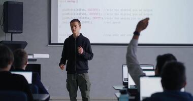 Classes Of Computer Science, Portrait Of Boy Speaking In Front Of Classmates, Future Programmers video