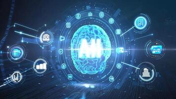 Futuristic digital representation of a brain symbolizing artificial intelligence, interconnected with technology and data. video