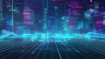 Futuristic digital skyline with neon lights and abstract data visualizations, representing advanced technology and innovation. video