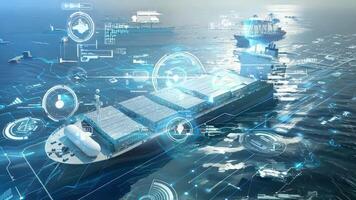 Futuristic cargo ship navigating through digital ocean with overlay technology for maritime innovation and tracking. video