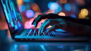 A close-up of hands typing on a laptop, illuminated by colorful bokeh lights, capturing the essence of night-time productivity. video