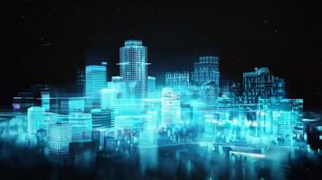 Futuristic cityscape glowing in blue neon lights, showcasing modern architecture and technology. Perfect for sci-fi and innovation themes. video