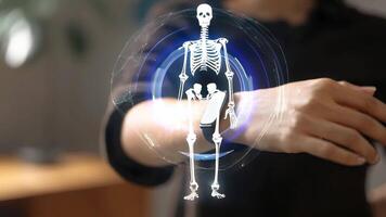An innovative skeletal hologram projection, showcasing anatomy in a modern setting, symbolizing technology and health. video