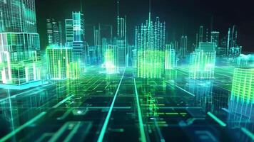 Futuristic city skyline with glowing green lines, representing digital connectivity and urban development in a tech-oriented world. video