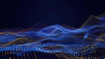Abstract digital landscape with flowing waves of blue and gold light against a dark background, representing technology and innovation. video