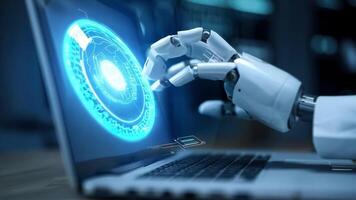 A futuristic robotic arm interacts with a holographic interface displayed on a laptop, showcasing advanced technology and innovation. video