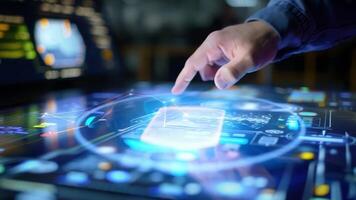 A close-up of a hand interacting with a futuristic touchscreen displaying digital interfaces and holographic elements. video