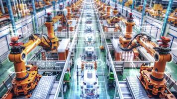 Automated robotic arms assembling vehicles on an assembly line. video