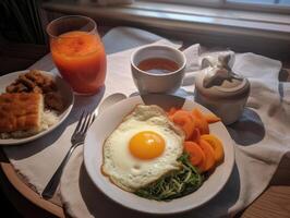 Appetizing breakfast with fried eggs, vegetables, toast and juice photo