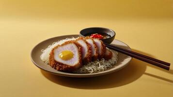 Rice with fried egg on a plate and chopsticks on yellow background photo