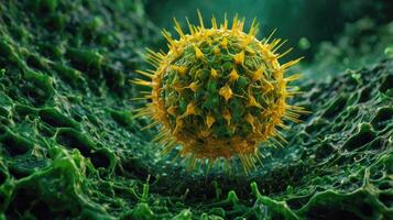 A virus in a close up view. Macro shot of Virus. Green and yellow color. photo