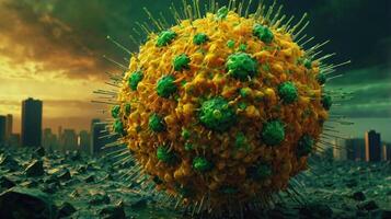 Virus in front of the city view. Mpox or monkey pox out break concept. photo