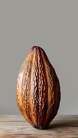 A Single Cocoa Pod on Wooden Surface. Chocolate's Origins. Farm-to-Table, Natural Goodness, Culinary Inspiration. photo