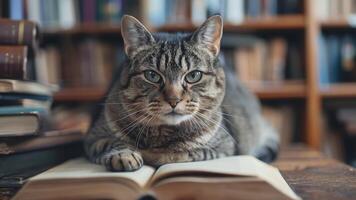Curious Cat with a Book on Desk. Feline Friend, Learning Companion, Pet and Literature Concept. photo