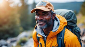 Smiling Man Hiking in Mountains photo