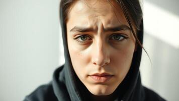 Close up portrait of a young woman looking thoughtfully photo