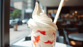 Close Up of Strawberry Swirl Soft Serve Ice Cream in a Glass photo