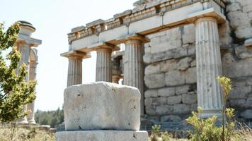 Closeup of a stone block in front of an ancient Greek temple photo