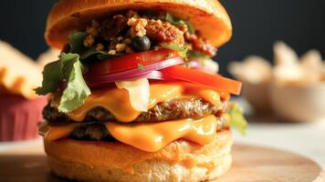 Close Up of a Juicy Cheeseburger with Melted Cheese and Toppings photo
