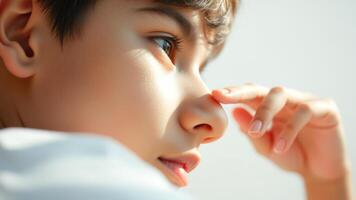 Close up portrait of a boy touching his nose with his finger photo