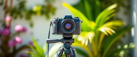 Camera on a Tripod in Front of a Green Background photo