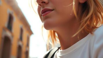 Close-up of a woman's face in a city setting photo
