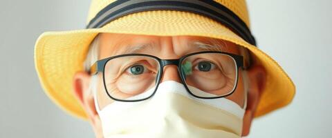 Close-up of a man wearing a hat and a face mask, looking directly at the camera photo