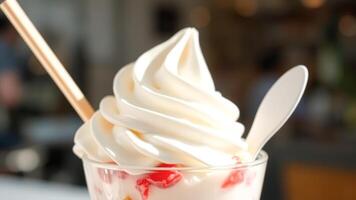 Close-up of Soft Serve Ice Cream with Red Topping photo