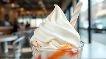 Close-up of Creamy Ice Cream Sundae with Orange and Red Sauces photo