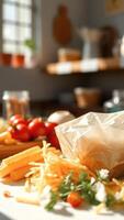Closeup of Spaghetti Noodles in a Plastic Bag with Cherry Tomatoes and White Flowers in the Foreground photo