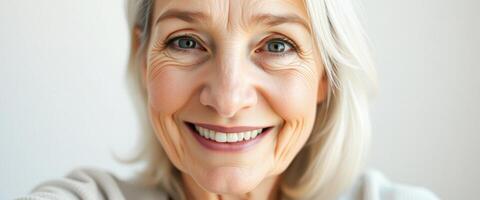 Close-up Portrait of a Smiling Senior Woman with Wrinkles photo