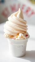 Closeup of a single serving of soft serve ice cream with sprinkles in a white cup photo