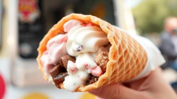 Closeup of a waffle cone filled with ice cream and toppings photo