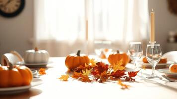 Autumnal Table Setting with Pumpkins and Leaves photo