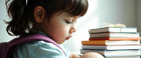 Young girl with backpack and stack of books photo