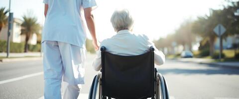Caregiver pushing a senior in a wheelchair on a sunny day photo