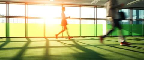 Blurred People Walking In Office With Bright Sunlight Through Windows photo