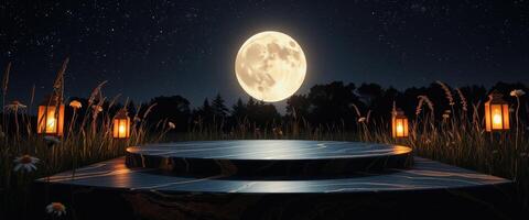Nighttime Moonlit Product Display With Marble Platform photo