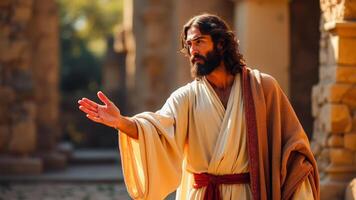 Jesus Christ in a white robe with a red sash, extending his hand in a gesture of blessing photo
