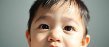 Close-up of a baby's face with big brown eyes photo