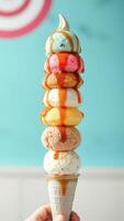 Multicolored ice cream cone with caramel drizzle photo